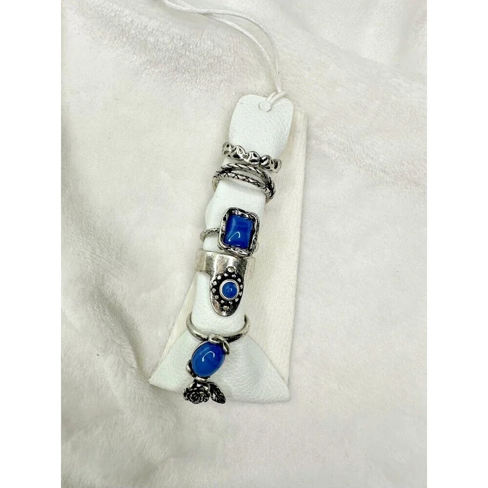 NEW Free People Silver Tone Blue Stone Statement Rings Set of 5 Boho Jewelry
